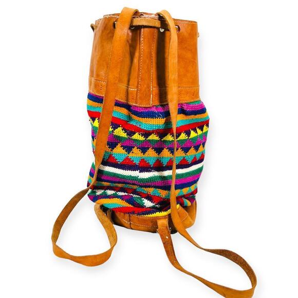 Vintage 90s Traditional Ethnic Leather Knit Drawstring Bucket Bag Multi Unisex - Picture 3 of 10